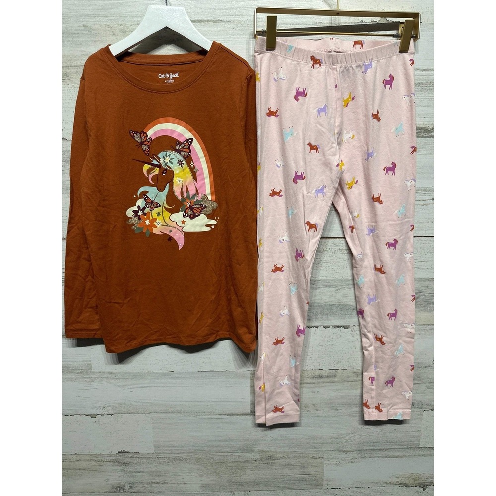 Cat & Jack Pajama Set Girls 10/12 Orange Pink Unicorn Rainbow Graphic